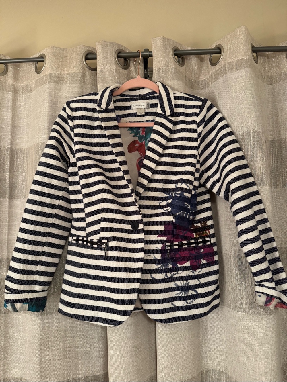 Christopher & Banks Navy and White Striped Blazer with Floral Patch